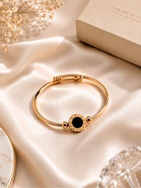 Gold Roman Numeral Black Circle Bangle Bracelet
